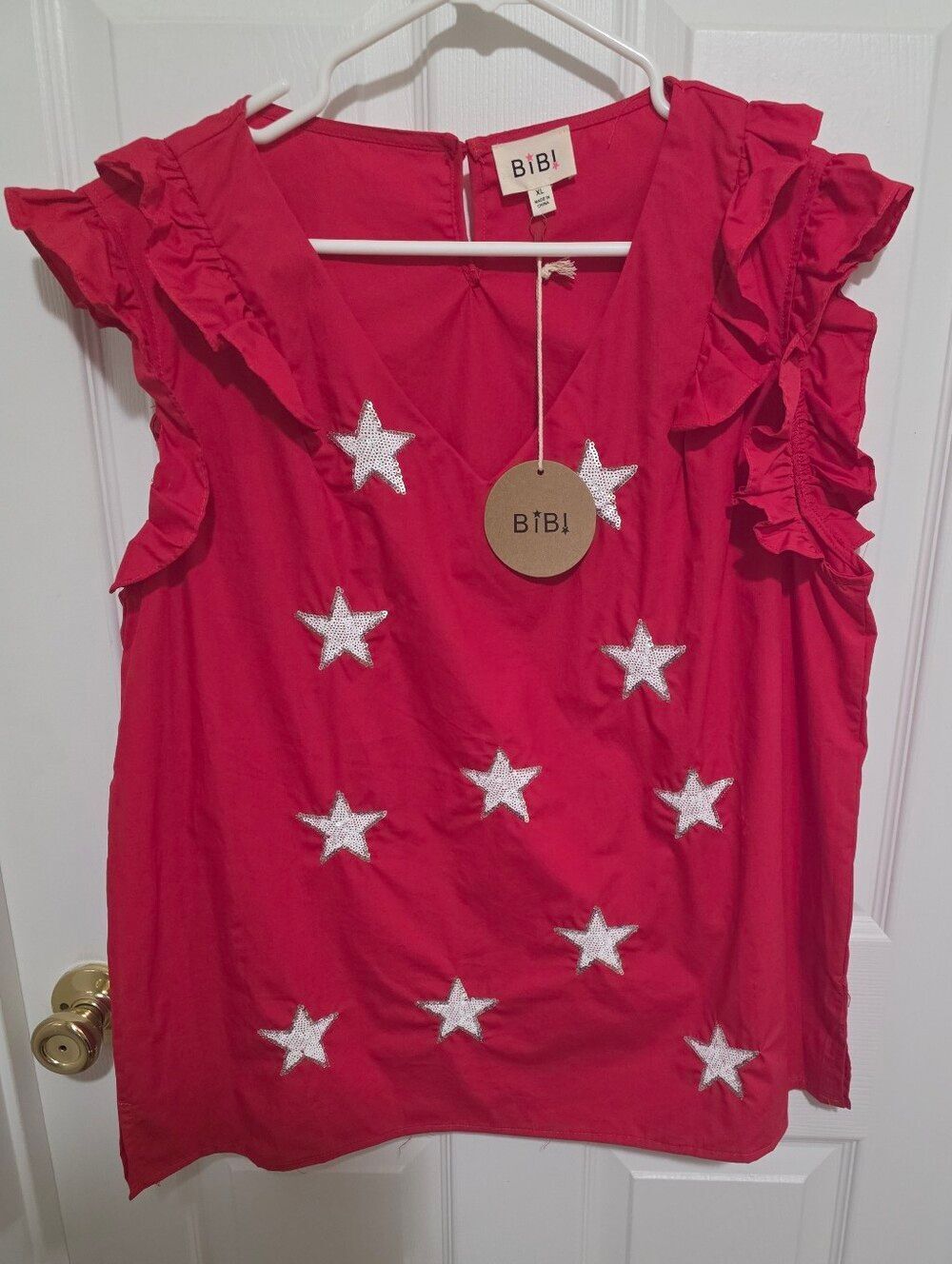 BiBi Red Ruffle Sleeve Sequin Star Appliqué Top